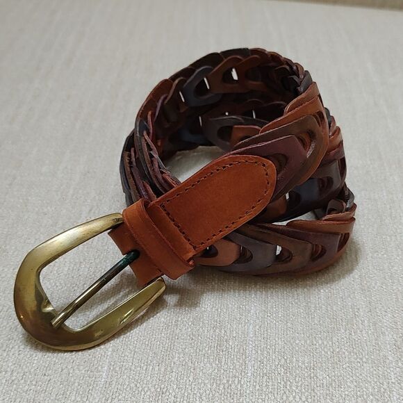Genuine Leather Multi Color Woven Link Belt Brass Buckle - Picture 1 of 10
